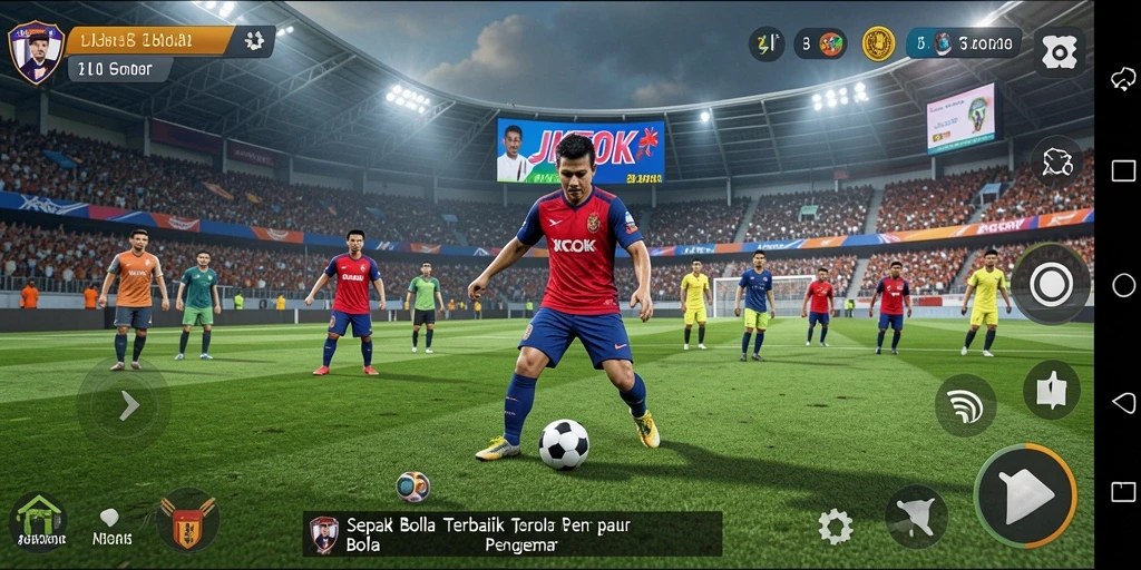 Screenshot gameplay JKTOK menampilkan aksi seru dalam pertandingan sepak bola.