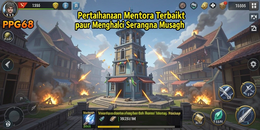 Tampilan gameplay PGG68 dengan menara yang siap bertahan.