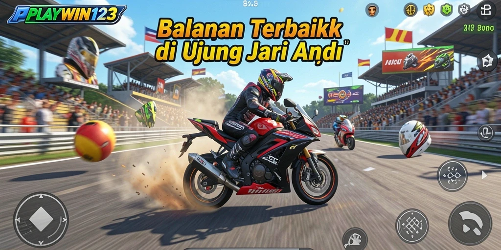 Tampilan gameplay seru di <strong>PLAYWIN123</strong> saat balapan motor di trek menantang.