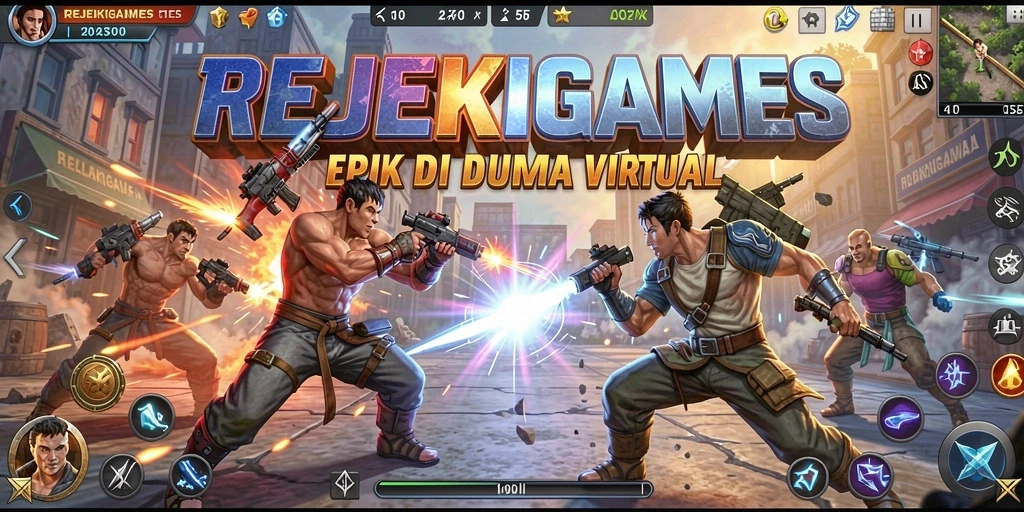Tampilan pertarungan seru dalam REJEKIGAMES dengan karakter yang beraksi dinamis.